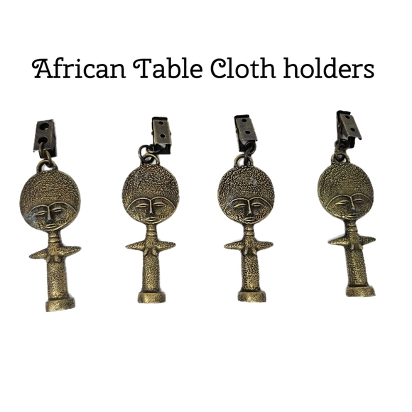 African Brass Corner Table Cloth Holders Women Face & Figure Set Of 4 Vintage - Picture 1 of 10